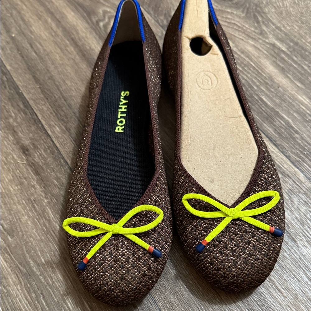 NWT! Rothy's Brown Flats with Neon Yellow Accents